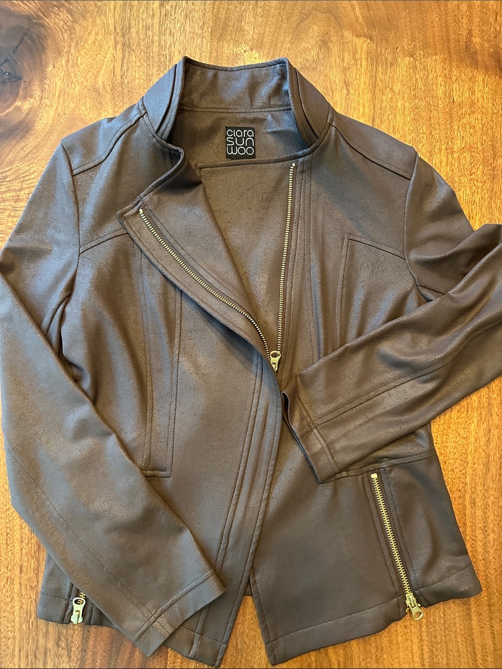 CLARA SUNWOO Chocolate BrownLiquid Leather  Zip-Front Moto Jacket
